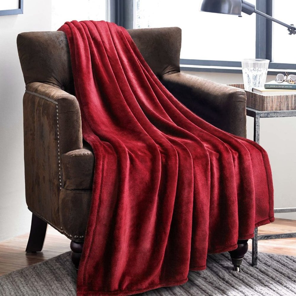 Set of 2, Burgundy Plush Throw Super Soft Blanket